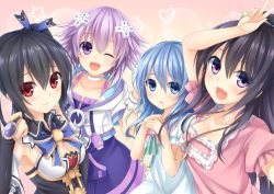 Rule 34 | 10s, 4girls, :d, :o, ;d, arm up, armor, armored dress, black hair, blue bow, blue bowtie, blue eyes, blue hair, bow, bowtie, breasts, collarbone, creator connection, d-pad, date a live, dress, female focus, hair ornament, heart, jewelry, kaguyuu, long hair, looking at viewer, multiple girls, necklace, neptune (neptunia), neptune (series), noire (neptunia), one eye closed, open mouth, parted lips, purple eyes, purple hair, red eyes, short hair, smile, star (symbol), twintails, v, very long hair, yatogami tooka, yoshino (date a live)