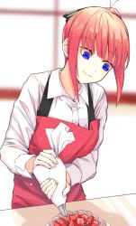 Rule 34 | 1girl, apron, baking, blue eyes, blurry, blurry background, butterfly hair ornament, cake, closed mouth, commentary request, food, fruit, go-toubun no hanayome, gob susukida, hair ornament, highres, long sleeves, nakano nino, pink hair, red apron, red hair, shirt, short hair, simple background, smile, solo, strawberry, white shirt