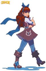 Rule 34 | 1girl, belt, bliss barson, blue eyes, boots, bow, brown hair, crossed arms, cryamore, curly hair, dress, earrings, eyeshadow, full body, hair bow, hairband, half-closed eyes, hoop earrings, jewelry, light smile, lips, long hair, makeup, mole, mole under eye, official art, pantyhose, ring, robaato, scarf, solo, spatterdashes, striped, vertical stripes, walking