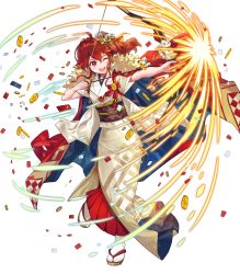 Rule 34 | 1girl, anna (fire emblem), arrow (projectile), bow (weapon), coin, coin hair ornament, female focus, fire emblem, fire emblem heroes, full body, hair ornament, hanekoto, highres, holding, holding bow (weapon), holding weapon, japanese clothes, kimono, matching hair/eyes, nintendo, obi, official art, one eye closed, red eyes, red hair, sandals, sash, smile, solo, tabi, transparent background, weapon, white legwear, wink