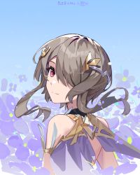 Rule 34 | 1girl, 2022, absurdres, artist name, bare shoulders, blue background, brown hair, closed mouth, dress, fled, hair ornament, hair over one eye, highres, honkai (series), honkai impact 3rd, looking at viewer, looking back, medium hair, purple eyes, rita rossweisse, rita rossweisse (spina astera), solo