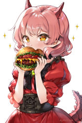 Rule 34 | 1girl, artist name, black bow, blush, bow, burger, cheese, child, covered mouth, cummerbund, dragon girl, dragon horns, dragon tail, dress, dress bow, eating, fafnir guildmelag linda blair hanako, female focus, food, hands up, hataage! kemono michi, highres, holding, holding food, horns, large bow, lettuce, looking at viewer, mj nameraka, pink hair, pointy ears, puffy short sleeves, puffy sleeves, red dress, red horns, short hair, short sleeves, slit pupils, solo, sparkle, tail, tomato, yellow eyes