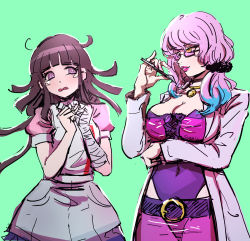 Rule 34 | akudama drive, apron, arm under breasts, bandages, black hair, black scrunchie, blush, breasts, commentary request, danganronpa (series), danganronpa 2: goodbye despair, doctor (akudama drive), glasses, green background, hair ornament, hair scrunchie, hand up, hands up, holding, isha, lab coat, large breasts, long hair, mole, mole under eye, nurse, open mouth, pink hair, puffy short sleeves, puffy sleeves, purple eyes, purple hair, qosic, scrunchie, semi-rimless eyewear, short sleeves, simple background, skirt, tsumiki mikan
