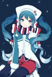 Rule 34 | 1girl, blue hair, blue pantyhose, gloves, gradient hair, hat, hatsune miku, long hair, long sleeves, looking at viewer, lpip, multicolored hair, pantyhose, pantyhose under shorts, scarf, shorts, simple background, solo, striped clothes, striped pantyhose, twintails, vertical-striped clothes, vertical-striped pantyhose, vocaloid, white gloves, yuki miku, yuki miku (2016) (candidate no.1)