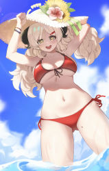 Rule 34 | 1girl, absurdres, arms up, bikini, blonde hair, blue archive, blue sky, breasts, cleavage, cloud, commentary, curled horns, day, flower, from below, front-tie bikini top, front-tie top, gluteal fold, green ribbon, hair ornament, hairclip, halo, halterneck, hat, hat flower, hat ribbon, hibiscus, highres, horns, izumi (blue archive), izumi (swimsuit) (blue archive), korean commentary, large breasts, legs apart, light blush, long hair, looking at viewer, mole, mole on thigh, navel, o-ring, o-ring bikini, o-ring top, open mouth, outdoors, parted bangs, red bikini, ribbon, round teeth, short eyebrows, side-tie bikini bottom, sky, smile, solo, string bikini, sun hat, sunflower, swimsuit, teeth, thick eyebrows, thighs, tomid, underboob, upper teeth only, wading, water, wet, yellow eyes, yellow flower