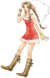Rule 34 | 1girl, aerith gainsborough, alternate costume, bare shoulders, boots, bracelet, braid, breasts, brown footwear, brown hair, christmas, dress, final fantasy, final fantasy vii, full body, green eyes, hair ribbon, holo-holo, jewelry, long hair, looking at viewer, materia, medium breasts, parted bangs, pink ribbon, red dress, retro artstyle, ribbon, sidelocks, sleeveless, sleeveless dress, smile, solo, square enix, white background