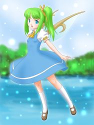 Rule 34 | 1girl, blue eyes, blush, daiyousei, fairy wings, female focus, full body, green hair, highres, open mouth, puffy sleeves, short hair, short sleeves, side ponytail, solo, t2r, touhou, wings