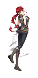 Rule 34 | 1girl, ass, boots, border break, clipboard, elbow gloves, full body, gloves, green eyes, green footwear, hand on own chest, knee boots, long hair, looking at viewer, looking back, low ponytail, official art, pants, paper, red hair, simple background, solo, standing, white background