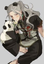 Rule 34 | 1boy, absurdres, animal, animal ears, animal on leg, bishounen, black footwear, blush, chinese clothes, commentary request, cub, dumpling, ensemble stars!, food, food in mouth, foot out of frame, grey background, grey hair, highres, invisible chair, jiz (pffbq), kemonomimi mode, long hair, male focus, mouth hold, panda, panda boy, panda ears, ponytail, ran nagisa, red eyes, short sleeves, simple background, sitting, solo, sweet sweet hunger (ensemble stars!)