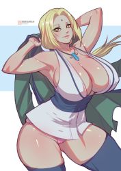 Rule 34 | 1girl, arm behind back, armpits, artist name, bare shoulders, blonde hair, bokuman, breasts, cleavage, collarbone, commentary, english commentary, facial mark, forehead mark, huge breasts, japanese clothes, jewelry, kimono, mature female, naruto, naruto (series), necklace, ninja, obi, panties, parted lips, pink panties, sash, sleeveless, sleeveless kimono, solo, thighhighs, tsunade (naruto), underwear, white kimono, yellow eyes