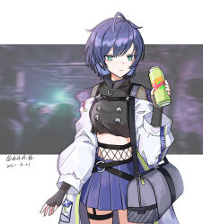 Rule 34 | 1girl, absurdres, aqua eyes, artist name, bag, black gloves, blue hair, blue skirt, bodystocking, breasts, closed mouth, dated, elbow gloves, feet out of frame, fingerless gloves, girls&#039; frontline, gloves, grey bag, highres, holding, holding bag, holding jar, jar, long sleeves, looking at viewer, medium hair, sakatakin, serious, simple background, skirt, solo, standing, vp1915 (girls&#039; frontline), white sleeves