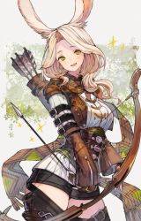 Rule 34 | 1girl, :d, animal ears, archer (final fantasy), arm belt, warrior of light (ff14), belt buckle, black footwear, black shorts, blonde hair, boots, bow (weapon), brown gloves, brown jacket, brown scarf, buckle, collared jacket, commission, contrapposto, corset, cowboy shot, cropped jacket, eyes visible through hair, fangs, final fantasy, final fantasy xiv, fingerless gloves, fringe trim, gloves, green eyes, highres, holding, holding bow (weapon), holding weapon, jacket, kemomin nosuke, long sleeves, looking at viewer, medium hair, open mouth, quiver, rabbit ears, scarf, shirt, short shorts, shorts, skeb commission, skin fangs, smile, solo, sparkle, square enix, standing, thigh boots, viera, wavy hair, weapon, white background, white shirt