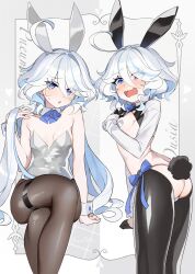 Rule 34 | 2girls, ahoge, alternate costume, animal ears, ass, black gloves, black pantyhose, blue eyes, blue hair, blush, breasts, commentary, crossed legs, detached collar, dual persona, eyelashes, fake animal ears, fake tail, furina (genshin impact), genshin impact, gloves, hair between eyes, highres, leotard, long hair, looking at viewer, meme attire, multicolored hair, multiple girls, open mouth, pantyhose, parted lips, pasties, playboy bunny, rabbit ears, rabbit tail, reverse bunnysuit, reverse outfit, short hair, sitting, small breasts, strapless, strapless leotard, sweat, tail, tears, thigh strap, twitter username, very long hair, wai1010, white hair, white leotard, wrist cuffs