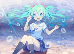 Rule 34 | 10s, 1girl, 2016, aqua eyes, aqua hair, bad id, bad pixiv id, black socks, breasts, bubble, cleavage, dated, get, hair ribbon, hatsune miku, jewelry, kneehighs, long hair, looking at viewer, mardian, necklace, ribbon, short sleeves, sitting, skirt, socks, solo, submerged, twintails, underwater, v, vocaloid, yifang