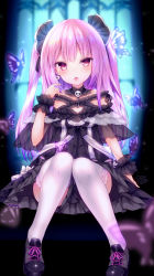 Rule 34 | 1girl, animal, black footwear, blurry, blurry foreground, blush, bug, butterfly, commentary request, depth of field, dress, earrings, hand up, highres, hololive, insect, jewelry, kabocha usagi, knees together feet apart, looking at viewer, off-shoulder dress, off shoulder, open mouth, pink hair, red eyes, shoes, sitting, skull earrings, solo, thighhighs, two side up, uruha rushia, uruha rushia (3rd costume), virtual youtuber, white thighhighs, wrist cuffs