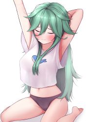 Rule 34 | 1girl, absurdres, alternate costume, animal print, closed eyes, commentary request, fish print, green hair, grey panties, hair flaps, highres, kantai collection, long hair, navel, panties, shirt, simple background, sitting, solo, tiemu (man190), underwear, wariza, whale print, white background, white shirt, yamakaze (kancolle)