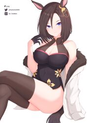 Rule 34 | 1girl, absurdres, air groove (umamusume), animal ears, bare shoulders, black dress, black gloves, black thighhighs, blue eyes, breasts, brown hair, china dress, chinese clothes, cleavage, cleavage cutout, clothing cutout, commentary request, crossed legs, dress, ear ornament, fur-trimmed jacket, fur trim, gloves, hair between eyes, highres, horse ears, horse girl, horse tail, jacket, large breasts, looking at viewer, short hair, smile, solo, tail, thighhighs, thighs, tsubame tien, umamusume, white jacket