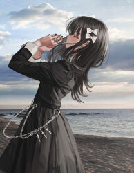 Rule 34 | 1girl, absurdres, beach, belt, black belt, black hair, black nails, black shirt, black skirt, bow, chain, closed eyes, closed mouth, cloud, cloudy sky, cowboy shot, cross, day, ear piercing, from side, gishiki (gshk), goth fashion, hair bow, hands up, highres, jewelry, latin cross, light blush, long hair, long sleeves, multiple rings, nail polish, ocean, original, outdoors, own hands together, photo background, piercing, ring, shirt, skirt, sky, sleeve cuffs, solo, standing, white bow