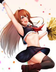 Rule 34 | 1girl, adapted costume, arugou, black skirt, black thighhighs, boots, brown eyes, brown hair, cheerleader, commentary request, crop top, crop top overhang, hair flaps, hairband, highres, holding, holding pom poms, kantai collection, long hair, looking at viewer, midriff, miniskirt, open mouth, pleated skirt, pom pom (cheerleading), pom poms, red hairband, shiratsuyu (kancolle), shiratsuyu kai ni (kancolle), skirt, solo, standing, standing on one leg, thighhighs, v