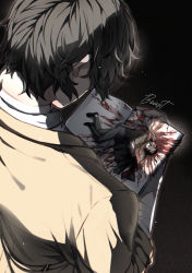 Rule 34 | 2boys, bandages, bandaged hand, bandages, black background, blood, blood on clothes, blood on hands, book, brown hair, bungou stray dogs, dazai osamu (bungou stray dogs), fingernails, highres, holding, holding book, korean commentary, male focus, multiple boys, open book, shunnyun, signature, size difference