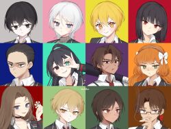 Rule 34 | 6+boys, 6+girls, black eyes, black hair, blonde hair, blue eyes, bow, brown hair, brown hairband, commentary request, don quixote (project moon), faust (project moon), gregor (project moon), hair bow, hairband, heathcliff (project moon), heterochromia, highres, hong lu (project moon), ishmael (project moon), korean commentary, limbus company, long hair, love mintchoco, meursault (project moon), multiple boys, multiple girls, ok sign, ok sign over eye, orange hair, outis (project moon), poker chip, portrait, project moon, red bow, rodion (project moon), ryoshu (project moon), short hair, sinclair (project moon), smoke, smoking, very long hair, white bow, white hair, yellow eyes, yi sang (project moon)