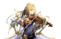 Rule 34 | 1boy, aglovale (granblue fantasy), armor, belt, black belt, blonde hair, blue jacket, bow (music), breastplate, cape, faulds, gauntlets, granblue fantasy, hair between eyes, highres, holding, holding instrument, holding violin, instrument, jacket, long hair, lucio (lucioooo38), male focus, music, parted lips, playing instrument, red eyes, shoulder armor, simple background, smile, solo, swept bangs, upper body, violin, white background, white cape