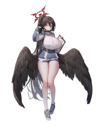 Rule 34 | 1girl, absurdres, adjusting hair, black choker, black hair, black wings, blue archive, blue footwear, breasts, choker, clipboard, full body, hair between eyes, halo, hasumi (blue archive), hasumi (track) (blue archive), highres, holding, holding clipboard, huge breasts, long hair, looking at viewer, official alternate costume, ponytail, red eyes, red halo, shiro albino, shoes, sneakers, socks, solo, track suit, very long hair, white background, white socks, wings