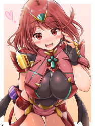 Rule 34 | 1girl, bad id, bad twitter id, breasts, candy, chocolate, chocolate heart, earrings, fingerless gloves, food, gloves, heart, highres, jewelry, kurokaze no sora, large breasts, leaning forward, looking at viewer, pyra (xenoblade), red eyes, red hair, short hair, skindentation, xenoblade chronicles (series), xenoblade chronicles 2