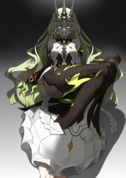 Rule 34 | 1girl, absurdres, bare shoulders, barefoot, black dress, black gloves, breasts, claw ring, cleavage, closed mouth, crown, dress, earrings, gloves, green eyes, green hair, grey background, highres, honkai (series), honkai impact 3rd, jewelry, long hair, looking at viewer, mobius (honkai impact), shadow, single earring, smile, toes, tongue, tongue out, yukari (user tsrs4747)