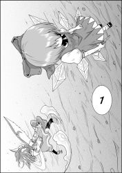 Rule 34 | 2girls, aiming, bad id, bad pixiv id, blood, blood on face, bow, cirno, comic, countdown, daiyousei, dress, dress shirt, fairy wings, foreshortening, from above, full body, greyscale, gun, hair bow, highres, holding, holding gun, holding weapon, ice, ice wings, long hair, monochrome, multiple girls, niiko (gonnzou), shirt, sidelocks, sideways, touhou, translation request, walking, weapon, wings