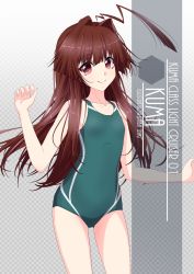 Rule 34 | 1girl, ahoge, artist name, brown eyes, brown hair, character name, checkered background, collarbone, commentary request, competition swimsuit, cowboy shot, flat chest, gradient background, green one-piece swimsuit, grey background, highres, huge ahoge, inaba shiki, kantai collection, kuma (kancolle), long hair, looking at viewer, one-hour drawing challenge, one-piece swimsuit, smile, solo, swimsuit