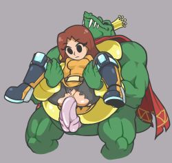 Rule 34 | 1boy, 1girl, anal, ass, bad id, bad twitter id, belt, belt buckle, black eyes, blue footwear, boots, breasts, brown belt, brown hair, buckle, cape, clothed sex, colored skin, crocodilian, cropped legs, crown, donkey kong (series), donkey kong country, dress, erection, expressionless, frown, furry, furry male, furry with non-furry, gloves, green skin, grey background, grey legwear, groin, gummuru, hetero, highres, interspecies, king k. rool, knee boots, large penis, leggings, long hair, medium breasts, mii (nintendo), mii gunner, mini crown, mons pubis, muscular, muscular male, neon trim, nintendo, orange dress, parted bangs, penis, pussy, red cape, restrained, reverse suspended congress, sex, sex from behind, size difference, skin tight, spread legs, super smash bros., tearing clothes, thighs, torn clothes, torn legwear, uncensored