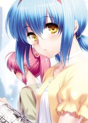 Rule 34 | 2girls, blue hair, blurry, blurry background, blush, breasts, casual, choker, close-up, collarbone, eyelashes, eyes visible through hair, glasses, hair between eyes, hairband, highres, lips, little busters!, looking at viewer, multiple girls, nishizono mio, non-web source, parted lips, ponytail, puffy short sleeves, puffy sleeves, purple hair, red hairband, saigusa haruka, shirt, short ponytail, short sleeves, small breasts, solo focus, tareme, white choker, yellow eyes, yellow shirt, zen (kamuro)