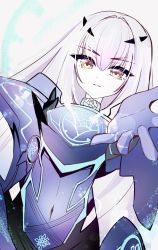 Rule 34 | 1girl, armor, blue gloves, breastplate, covered navel, melusine (fate), melusine (first ascension) (fate), fate/grand order, fate (series), forked eyebrows, gloves, highres, long hair, pauldrons, reaching, reaching towards viewer, shoulder armor, suzukimadaka, white hair