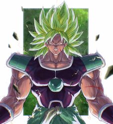 Rule 34 | 1boy, absurdres, blank eyes, border, bracer, broly (dragon ball super), chinese commentary, clenched teeth, commentary, cowboy shot, dragon ball, dragon ball super, dragon ball super broly, facial scar, fur (clothing), green background, green hair, highres, legendary super saiyan, looking at viewer, male focus, medium hair, muscular, muscular male, open mouth, outside border, pectorals, rubble, saiyan armor, scar, scar on arm, scar on cheek, scar on chest, scar on face, shank, solo, sparks, spiked hair, super saiyan, teeth, white border