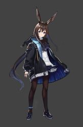 Rule 34 | 1girl, amiya (arknights), animal ears, arknights, blue eyes, brown hair, closed mouth, coat, grey background, highres, long hair, looking at viewer, open clothes, open coat, pantyhose, pleated skirt, rabbit girl, shoes, sidelocks, simple background, skirt, solo, standing, zero (miraichizu)