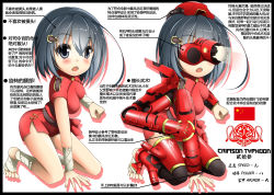Rule 34 | 1girl, absurdres, black hair, border, chinese text, crimson typhoon, dragon, eastern dragon, extra arms, facial hair, highres, jaeger (pacific rim), legendary pictures, mecha musume, mechanical arms, mustache, pacific rim, pan pacific defense corps, people&#039;s republic of china flag, personification, short hair, simple background, single mechanical arm, solo, stats, translation request