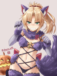 Rule 34 | 1girl, animal ears, blonde hair, breasts, cosplay, elbow gloves, fake animal ears, fake tail, fate/apocrypha, fate/grand order, fate (series), fur collar, fur trim, gloves, green eyes, halloween costume, haura akitoshi, jack-o&#039;-lantern, long hair, mash kyrielight, mash kyrielight (dangerous beast), mash kyrielight (dangerous beast) (cosplay), mordred (fate), mordred (fate/apocrypha), o-ring, o-ring top, official alternate costume, ponytail, pumpkin, purple gloves, purple thighhighs, revealing clothes, ribbon, simple background, small breasts, solo, tail, thighhighs, wolf ears, wolf tail