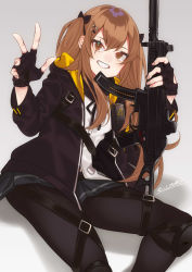 Rule 34 | 1girl, absurdres, arm up, artist name, black gloves, black pantyhose, bow, breasts, brown eyes, brown hair, e draw paint, fingerless gloves, girls&#039; frontline, gloves, grey background, gun, h&amp;k ump, h&amp;k ump, hair between eyes, hair ornament, hairclip, highres, holding, holding gun, holding weapon, jacket, knee pads, long hair, long sleeves, looking at viewer, open mouth, pantyhose, ribbon, scar, scar across eye, scar on face, shirt, simple background, sitting, skirt, smile, strap, submachine gun, suppressor, teeth, twintails, ump9 (girls&#039; frontline), weapon, white shirt