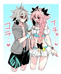 Rule 34 | 2boys, :/, ahoge, androgynous, astolfo (fate), astolfo (sparkling frills) (fate), bikini, bikini skirt, black bow, black shorts, blush, bow, bracelet, braid, closed mouth, collarbone, cropped legs, fang, fate/apocrypha, fate/grand order, fate (series), frilled bikini, frilled skirt, frills, gradient hair, grey hair, grey jacket, hair between eyes, hair bow, hair intakes, haoro, happy, heart, highres, holding, holding hands, holding ice cream cone, ice cream cone, jacket, jewelry, linea alba, long braid, long hair, looking at another, male focus, multicolored hair, multiple boys, navel, notice lines, official alternate costume, open clothes, open jacket, open mouth, pink bow, pink hair, print shorts, purple eyes, red eyes, short hair, shorts, sieg (fate), single braid, skin fang, skirt, smile, star (symbol), streaked hair, striped bikini, striped clothes, swimsuit, trap, two-tone hair, white bikini, white hair