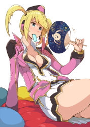 Rule 34 | 1girl, arm support, ass, blonde hair, blue eyes, breasts, cleavage, fanning face, hair ornament, hat, highres, large breasts, phantasy star, phantasy star online 2, popsicle, short hair, sierra (pso2), simple background, sitting, skirt, solo, thighs, tokiwa mmm, twintails, white background
