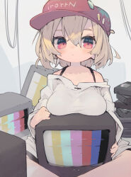 Rule 34 | 1girl, blonde hair, blush, breast rest, breasts, crt, female focus, hat, hat pin, highres, large breasts, looking at viewer, medium breasts, nep (nep 76), original, oversized clothes, oversized shirt, red eyes, red hat, shirt, sitting, solo, television, test card, videocassette, wire
