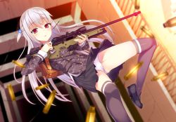 Rule 34 | 1girl, ai arctic warfare, bag, black thighhighs, blurry, bolt action, bow, bow panties, cameltoe, camouflage, depth of field, gin (ginshari), gun, hair bobbles, hair ornament, loafers, long hair, looking at viewer, original, panties, pantyshot, red eyes, rifle, school bag, shell casing, shoes, silver hair, skirt, sniper rifle, solo, thighhighs, underwear, upskirt, weapon, white panties
