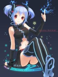 Rule 34 | 1girl, bad id, bad pixiv id, black thighhighs, blue hair, boots, detached sleeves, hair ornament, headphones, midriff, navel, nunucco, original, overskirt, red eyes, shirt, shorts, shorts under skirt, sitting, skirt, smile, solo, sparks, star (symbol), thigh boots, thighhighs, twintails