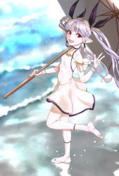 Rule 34 | bad id, bad pixiv id, blue sky, blurry, blurry background, day, dress, eden (sennen sensou aigis), flat chest, full body, highres, imazui (sasachi), long hair, looking at viewer, open mouth, outdoors, over shoulder, parasol, pointy ears, red eyes, scrunchie, sennen sensou aigis, sidelocks, silver hair, sky, solo, standing, standing on one leg, twintails, umbrella, v, very long hair, white dress, white legwear, wrist scrunchie