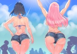 Rule 34 | 2girls, ass, backboob, bikini, blue hair, breasts, denim, denim shorts, from behind, highres, hololive, hololive english, huge ass, long hair, mori calliope, multiple girls, ouro kronii, panties, panty peek, panty straps, pink hair, revolverwing, short shorts, shorts, swimsuit, underwear, virtual youtuber, whale tail (clothing)