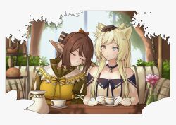 Rule 34 | absurdres, animal ear fluff, animal ears, arknights, bench, black bow, black headwear, blonde hair, blue eyes, border, bow, bread, breasts, brown hair, bush, cat ears, cat girl, closed eyes, commentary request, cup, detached collar, dress, flower, food, fox ears, fox girl, gloves, green sleeves, hairband, hat, head on another&#039;s shoulder, heterochromia, high collar, highres, medium breasts, mini hat, nightmare (arknights), nightmare (light and shadow) (arknights), off-shoulder dress, off shoulder, official alternate costume, ornate border, outdoors, perfumer (arknights), perfumer (leisurely afternoon) (arknights), picnic table, pink flower, plant, potted plant, sandwich, saucer, shirt, short hair, sidelocks, striped bow, suika aji, surprised, swing, table, teacup, teapot, tiered tray, tree, upper body, white bow, white gloves, yellow dress, yellow eyes, yellow shirt