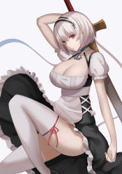 Rule 34 | 1girl, anchor symbol, apron, arm behind head, azur lane, bad id, bad pixiv id, breasts, choker, cleavage, closed mouth, dress, expressionless, frilled dress, frilled skirt, frilled sleeves, frills, hair between eyes, hair ornament, hair ribbon, hairband, hand up, highres, holding, holding sword, holding weapon, invisible chair, knee up, large breasts, looking at viewer, maid, puffy short sleeves, puffy sleeves, red eyes, ribbon, shaded face, short hair, short sleeves, silver hair, simple background, sirius (azur lane), sitting, skirt, solo, sunlight, sword, thigh strap, thighhighs, thighs, weapon, white background, white thighhighs, yuzu-aki, zettai ryouiki
