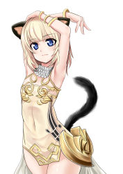 Rule 34 | 10s, 1girl, animal ears, armpits, arms up, blade &amp; soul, blonde hair, blue eyes, bracelet, cat ears, cat tail, covered navel, dress, flat chest, highres, jewelry, looking at viewer, lots of jewelry, lyn (blade &amp; soul), macline, short hair, simple background, sleeveless, sleeveless dress, solo, tail, white background