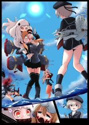 Rule 34 | absurdres, ass, black thighhighs, blonde hair, blood, blue eyes, bottomless, breasts, chimidoloid, corpse, death, decapitation, empty eyes, exploded head, guro, highres, kantai collection, long hair, military uniform, miniskirt, no panties, open mouth, outdoors, pee, peeing, peeing self, prinz eugen (kancolle), ro-500 (kancolle), short hair, skirt, sky, small breasts, thighhighs, twintails, uniform, z1 leberecht maass (kancolle), z3 max schultz (kancolle)